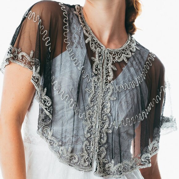 Beaded special occasion shrug  Black silver shiny evening capelet /Sequin Poncho - Picture 2 of 5
